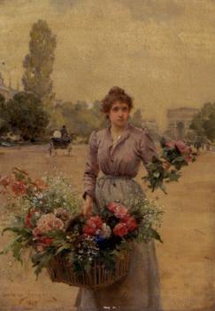 路易斯 瑪麗 德 施萊彿 A Flower Seller Near The Arc De Triomphe